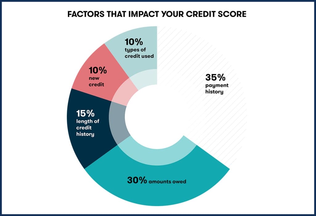  A doughnut chart shows the factors impacting an individual's credit score. The most significant factor is payment history, accounting for 35% of the score. Other important factors include amounts owed (30%), length of credit history (15%), new credit (10%), and types of credit used (10%).