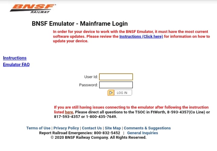 Log in page of BNSF Emulator