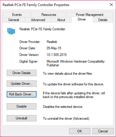 Roll back drivers Realtek PCIe GBE Family Controller