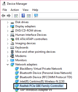 Select Realtek PCIe GBE Family Controller.